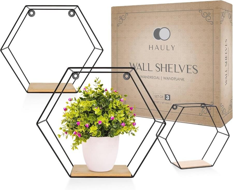 Set van 3 Zeshoekige Wandplanken in Zwart Metaal Decoratieve Planken voor Slechte Ruimtes