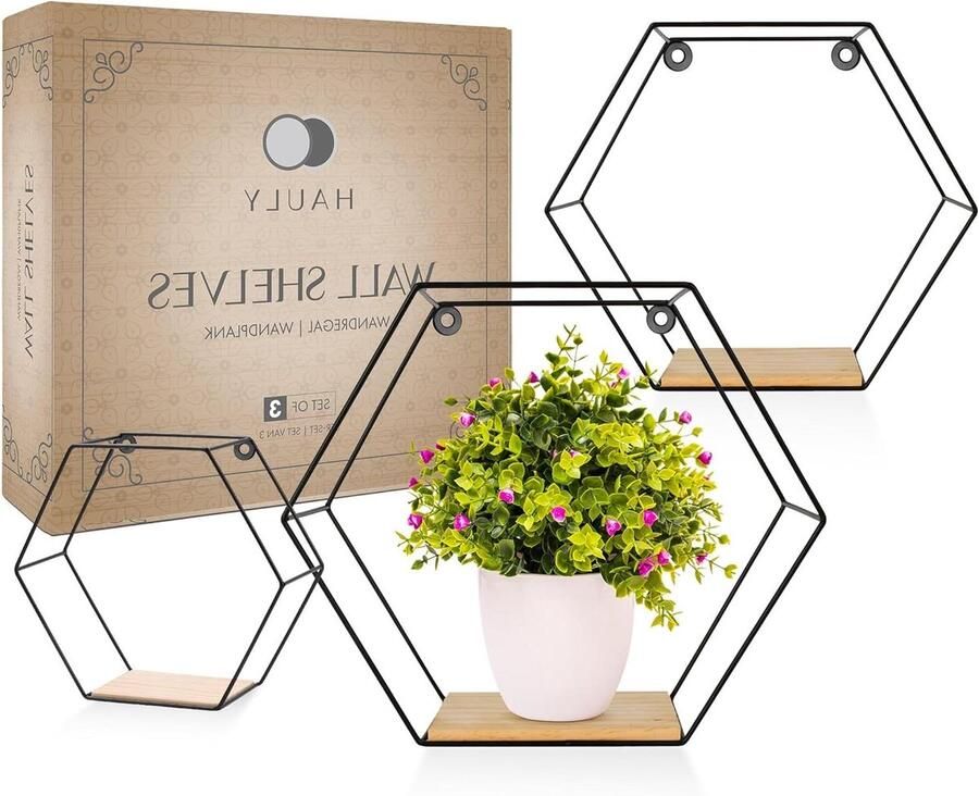 Set van 3 zeshoekige wandplanken zwart metaal Zwevende planken met bijpassende zwarte schroeven Decoratieve hangplank voor slaapkamer woonkamer kantoor incl. bevestigingsmateriaal