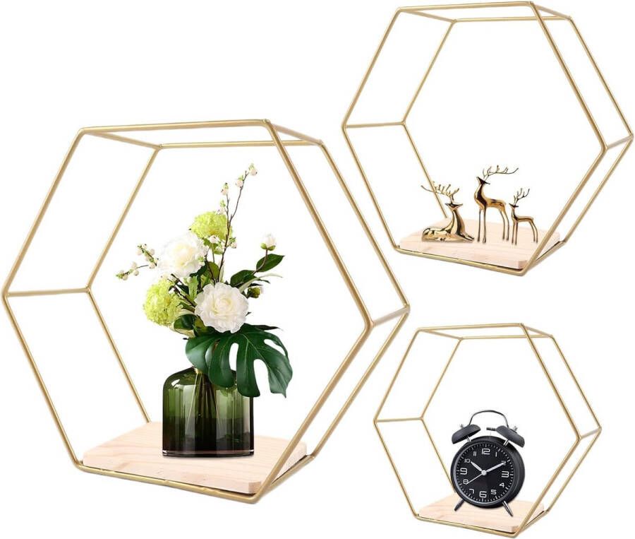 Set van 3 zeshoekige wandplanken metaal 3 maten hangende plank zwevende plank zeshoekige wandplank met houten planken zeshoekige wandplank voor woonkamer studeerkamer slaapkamer hal (goud)