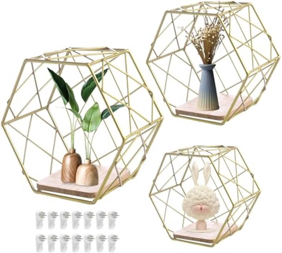 Set van 3 zeshoekige wandplanken van metaal en hout Hangende planken voor woonkamer kantoor badkamer en keuken Goudkleurig design