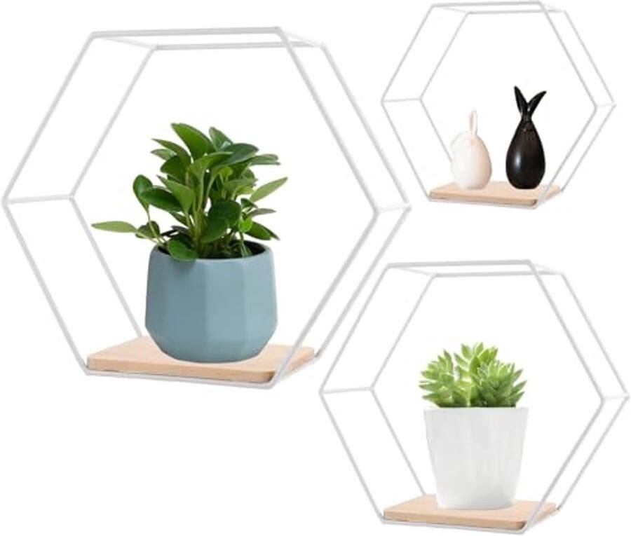 Set van 3 zeshoekige wandplanken Wandrek met houten planken voor woonkamer slaapkamer en werkkamer