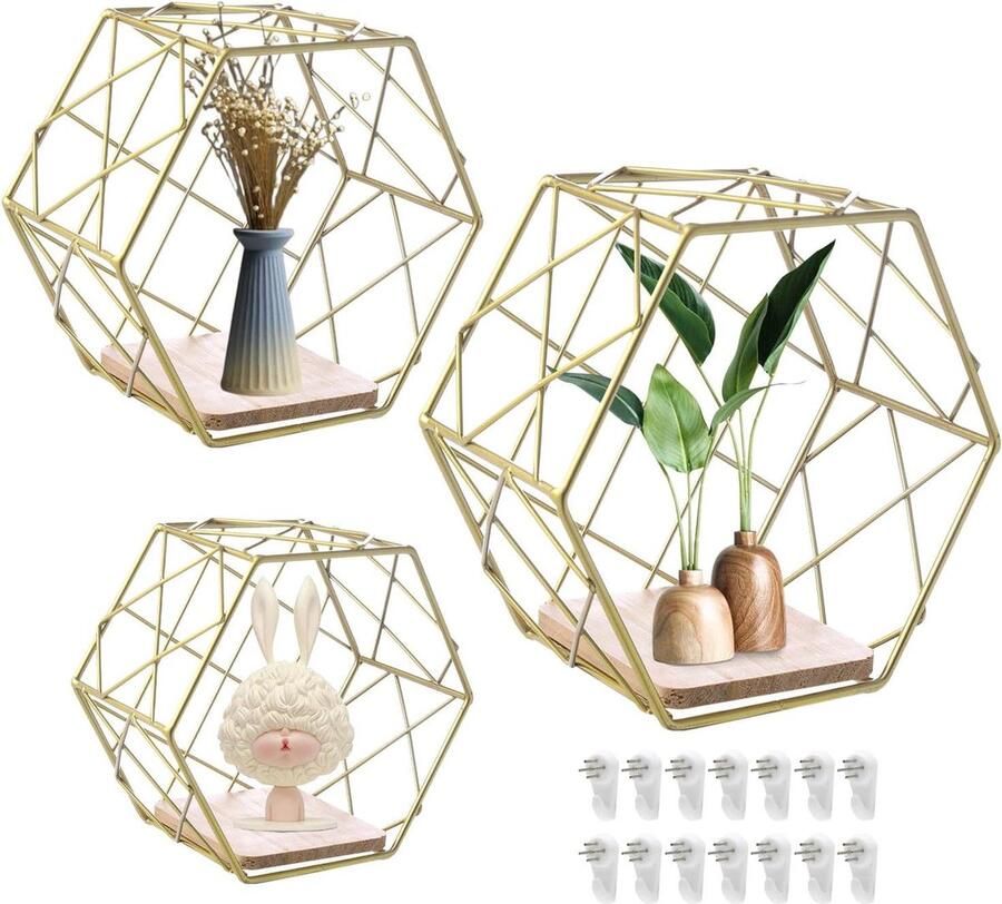 Set van 3 zeshoekige wandplanken wandrek stijlvol 3 stuks goud metaal en hout