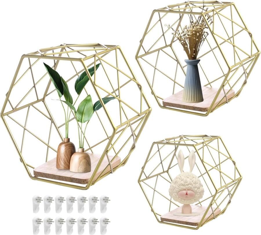 Set van 3 zeshoekige wandplanken wandrek voor woonkamer en kantoor goud hout en metaal