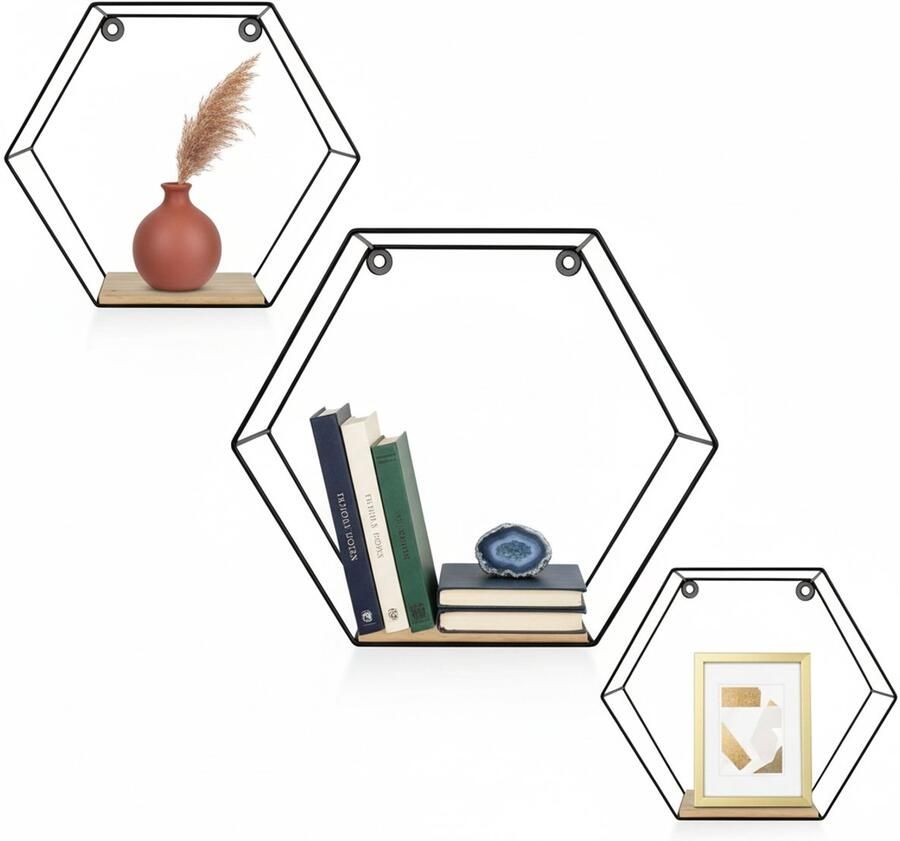 Set van 3 zeshoekige wandplanken wandrekken van metaal boekenrek Hangwand wandplank boekenplank -anddecoratie voor woonkamer slaapkamer Kueken en boerderijstijl