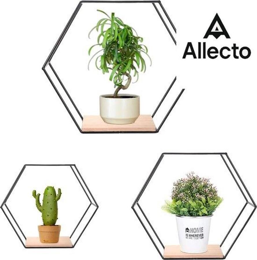 Set van 3 zeshoekige wandplanken zwarte zwevende planken metalen en houten hangrekken voor slaapkamer badkamer woonkamer keuken wasruimte opslag en wanddecoratie (zwart)