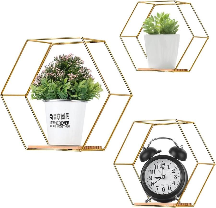 Set van 3 zeshoekige wandrekken wandrek zonder boren goud metaal