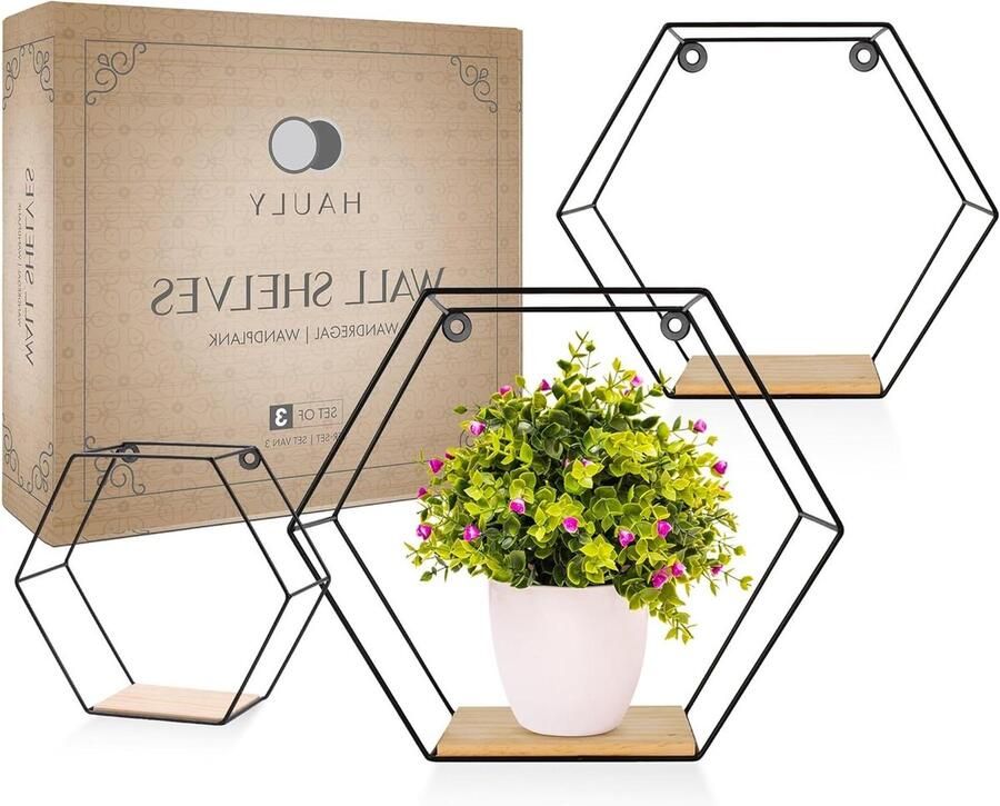 Zeshoekige zwart metalen wandplanken set van 3 Zwevende planken met zwarte schroeven Decoratieve hangplank voor slaapkamer woonkamer kantoor incl. bevestigingsmateriaal