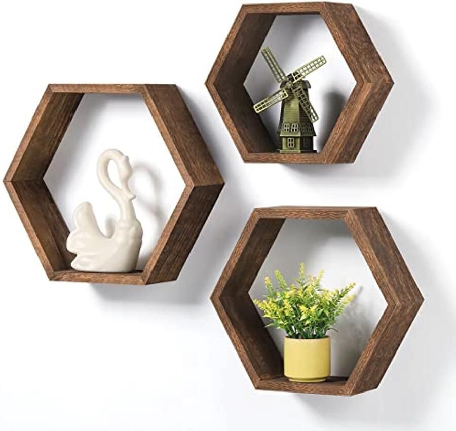 Set van 3 zeshoekige zwevende wandplanken Houten wanddecoratie voor woonkamer slaapkamer en boerderijstijl
