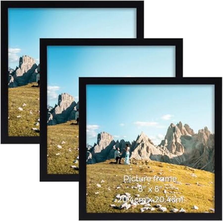 Set van 3 Zwarte Fotolijsten 20 x 20 cm Vierkante PVC Fotolijsten voor Muur en Tafel