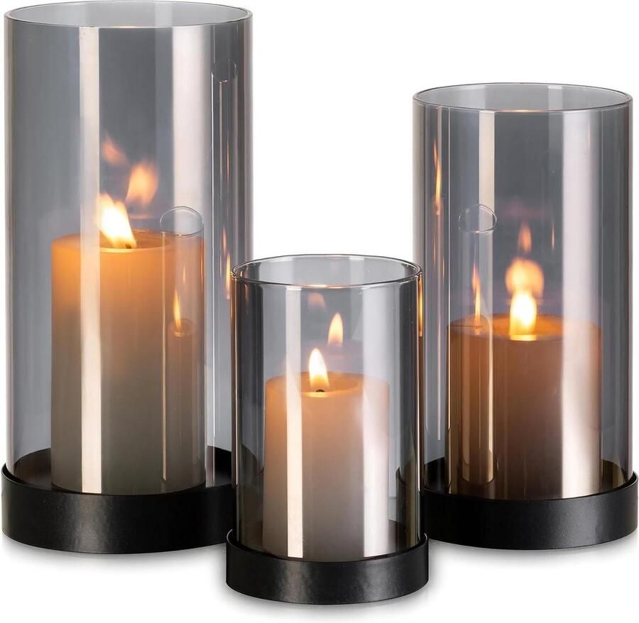 Set van 3 zwarte glazen windlichten tafeldecoratie voor eettafel en buiten bruiloft stompkaarsen kaars houder grote cilinder vormige kaarsenhouder voor woonkamer