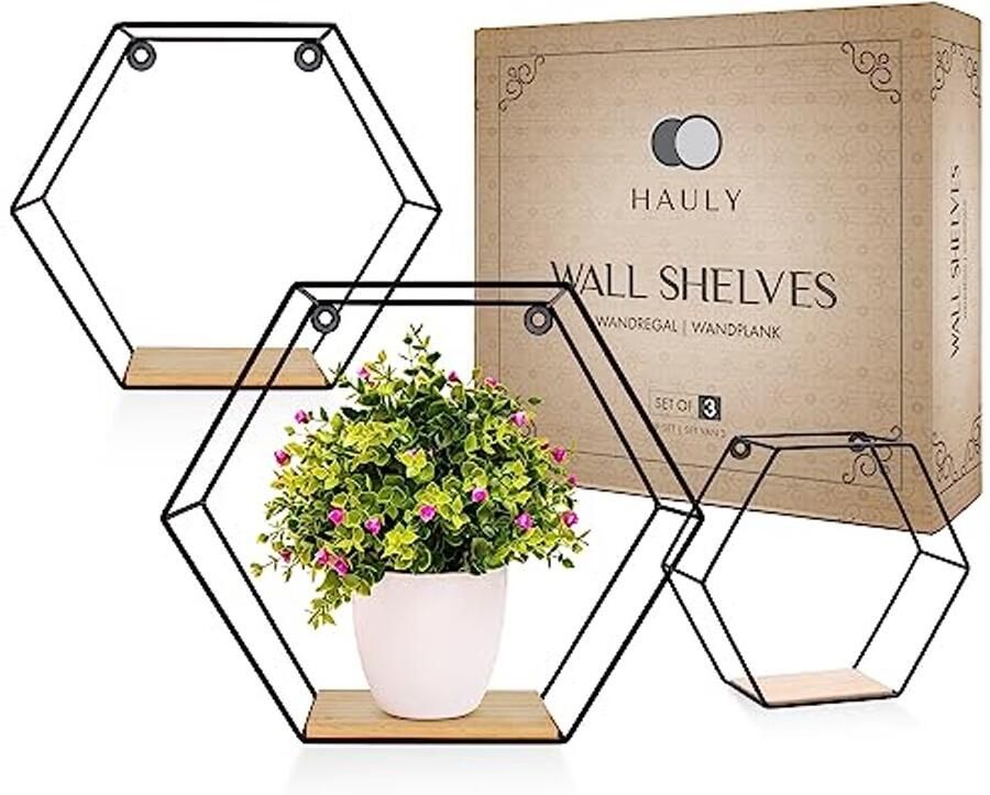 Set van 3 Zwarte Hexagonale Wandplanken Drijvende Planken met Bijpassende Zwarte Schroeven Decoratieve Hanging Shelf voor Slaapkamer Woonkamer Kantoor
