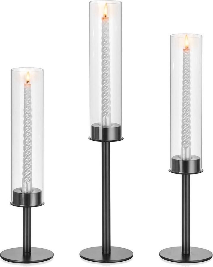 Kandelaarhouders Set Van 3 Zwarte Kandelaars Voor Lange Kaarsen Moderne Kandelaars Met Cilinder Orkaanglas Kaarsenstandaard Taps Toelopende Kaarsenhouder Metaal Eettafels Feestje