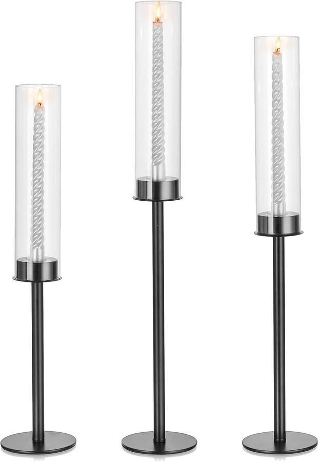 Kandelaarhouders Set Van 3 Zwarte Kandelaars Voor Lange Kaarsen Moderne Kandelaars Met Cilinder Orkaanglas Kaarsenstandaard Taps Toelopende Kaarsenhouder Metaal Eettafels Feestje - Foto 2