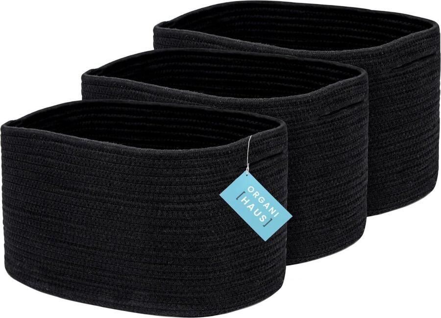Set van 3 zwarte opbergdozen voor de badkamer voor planken Opbergmanden voor speelgoed Opbergdozen voor kleding Kleine manden voor opslag Katoenen touwmand Desktop Organizer