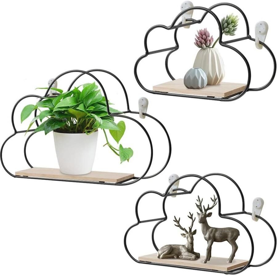 Set van 3 Zwarte Wandplanken van Metaal voor Wanddecoratie