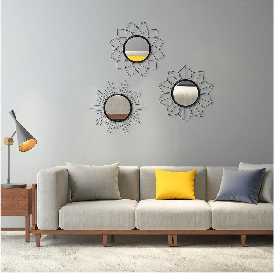 Set van 3 zwarte wandspiegels wanddecoratie 3 stuks zwart metaal