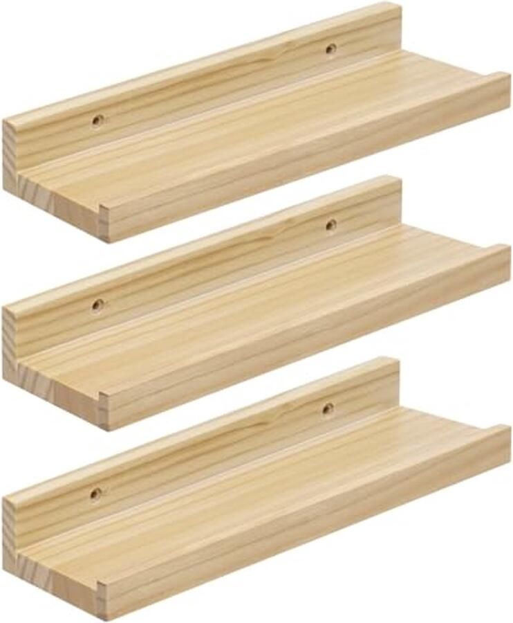 Set van 3 Zwevende Houten Planken Wandplanken voor Slaapkamer Woonkamer Keuken Badkamer Hal Draagvermogen 10 kg Natuurlijk Hout 30 x 10 x 4 cm