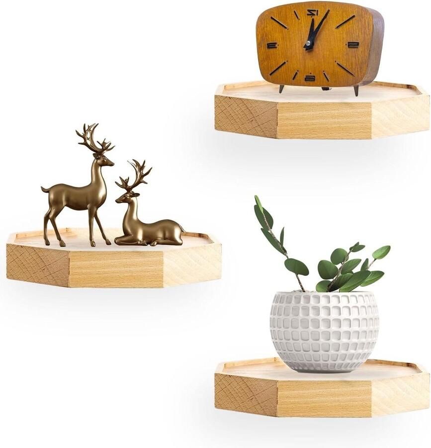 Set van 3 zwevende houten wandplanken achthoekig ontwerp wanddecoratie voor bloempotten en vazen bathroom shelf wood