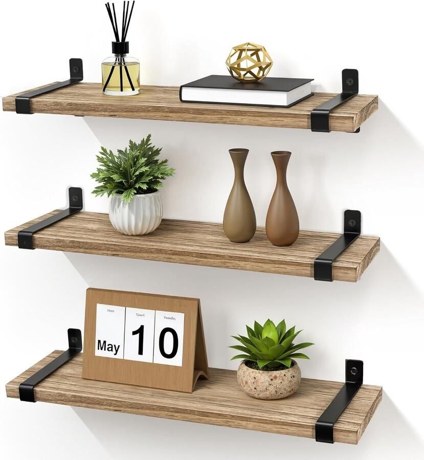 Set van 3 Zwevende Houten Wandplanken met Zwart Metaal Zwevend Rek Vintage Industrieel Design voor Woonkamer Slaapkamer Badkamer