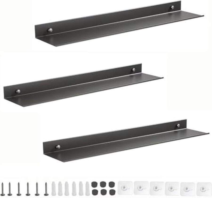 Set van 3 Zwevende Planken Grijs Aluminium Wandplank voor Slaapkamer Badkamer en Woonkamer