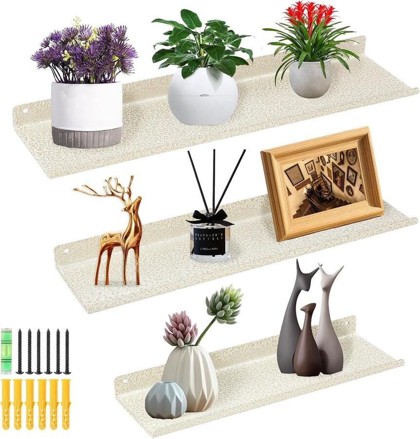 Set van 3 Zwevende Planken met Slechts Gouden Accenten Rustieke Wandplanken voor Fotoboeken Decoratie en Organisatie