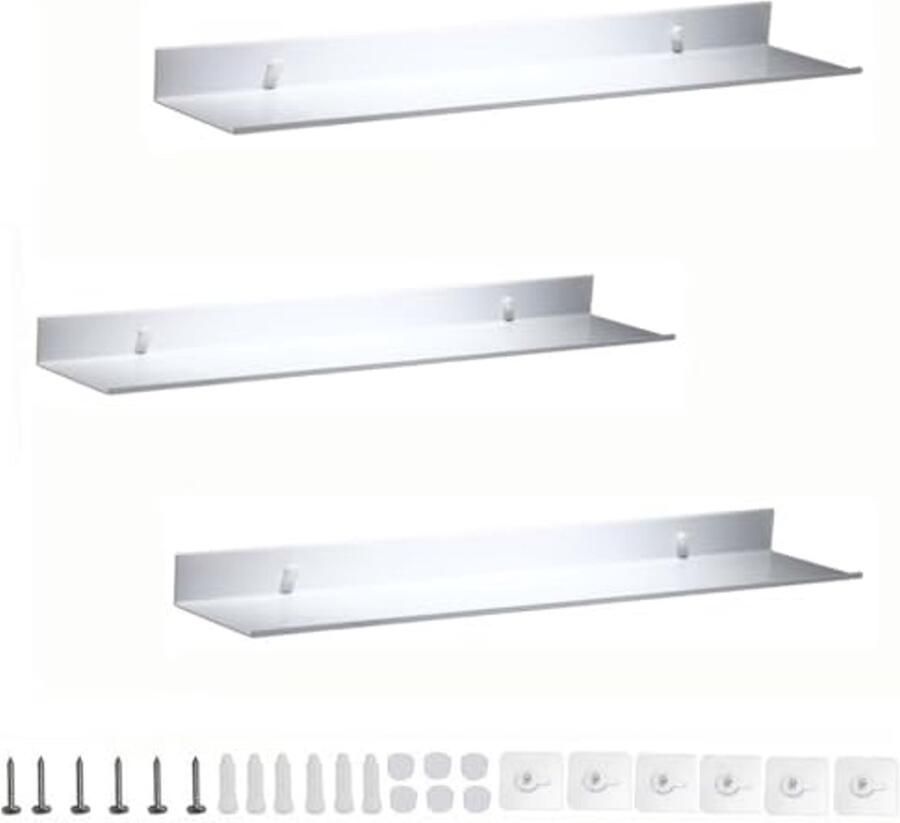 Set van 3 zwevende wandplanken 30 cm Wit aluminium voor slaapkamer badkamer en woonkamer