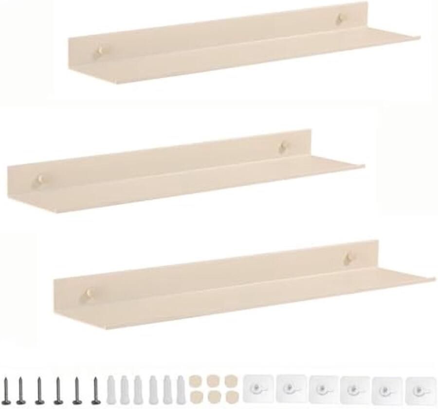 Set van 3 zwevende wandplanken Melkwit Aluminium Boren of Zonder Boren voor Slaapkamer Badkamer en Woonkamer