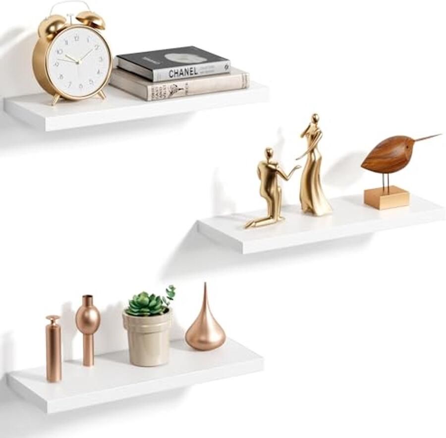 Set van 3 Zwevende Wandplanken Moderne Witte Decoratieve Planken voor Elke Ruimte 40 cm