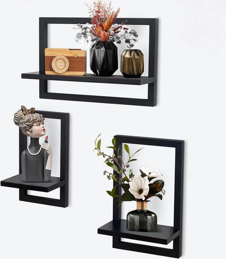 Set van 3 Wandplanken Zwevend Rek voor Wanddecoratie Zwart Hout