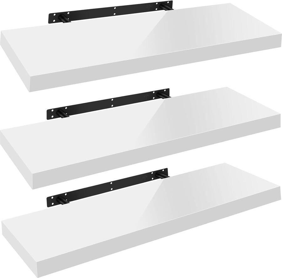 Set van 3 Zwevende Wandplanken Multifunctionele Houten Wandrek voor Boeken en DVD's Wit 100 x 22 9 x 3 8 cm