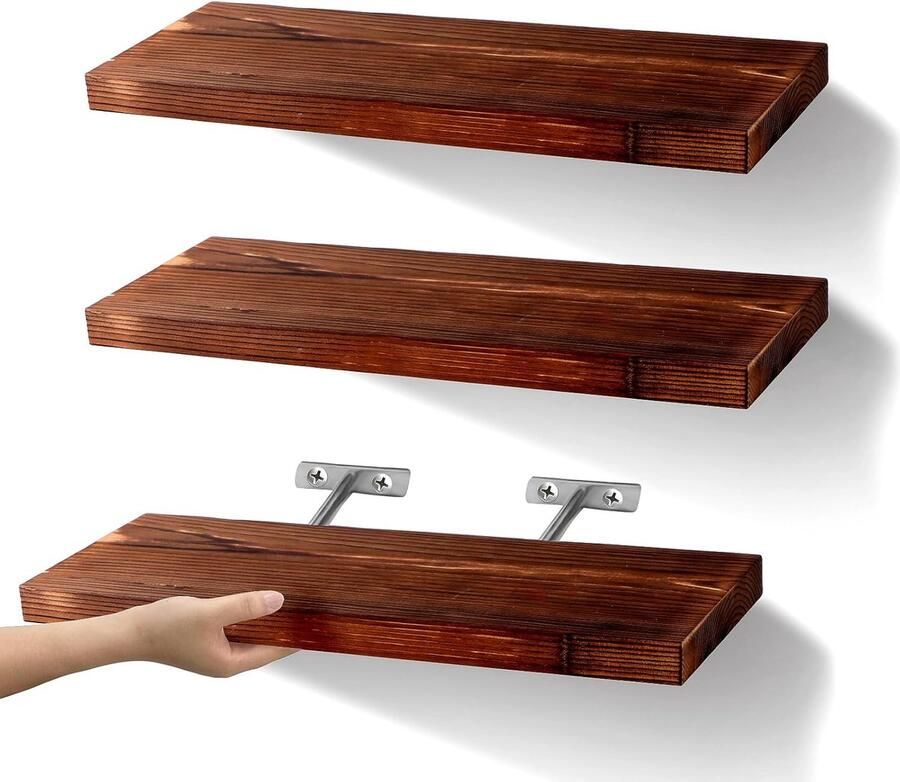 Set van 3 zwevende wandplanken van massief hout natuurlijk hout 41 x 15 x 2 5 cm hangplanken met onzichtbare houders voor slaapkamer keuken kantoor badkamer woonkamer
