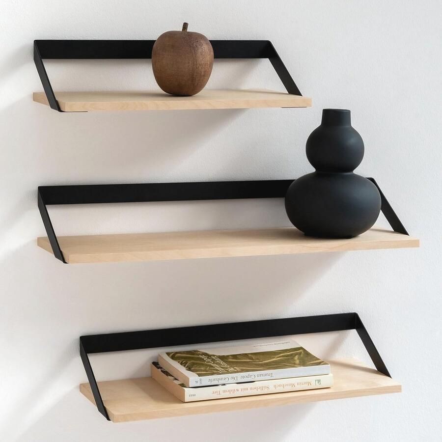 Wandplanken Zwevende Planken Wanddecoratie Set van 3 Berk Metaal en Houtfineer