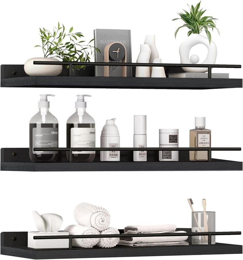 Set van 3 zwevende wandplanken van paulowniahout decoratieve wandrekken voor slaapkamer badkamer woonkamer keuken en kantoor