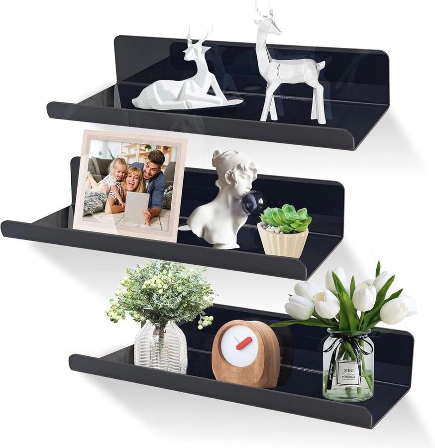 Set van 3 Zwevende Wandplanken zonder Boren Ruimtebesparend en Eenvoudig te Installeren Multifunctioneel voor Badkamer Keuken en Woonkamer