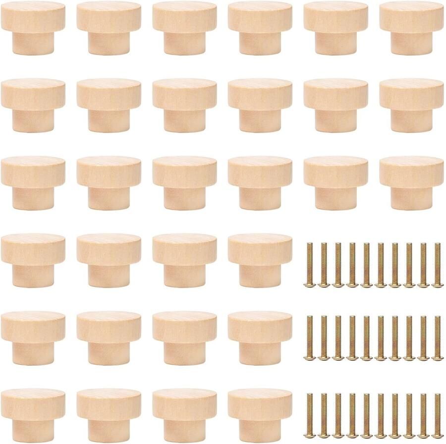 Set van 30 Houten Meubelknoppen voor Kasten Laden en Meer Met Bevestigingsschroeven