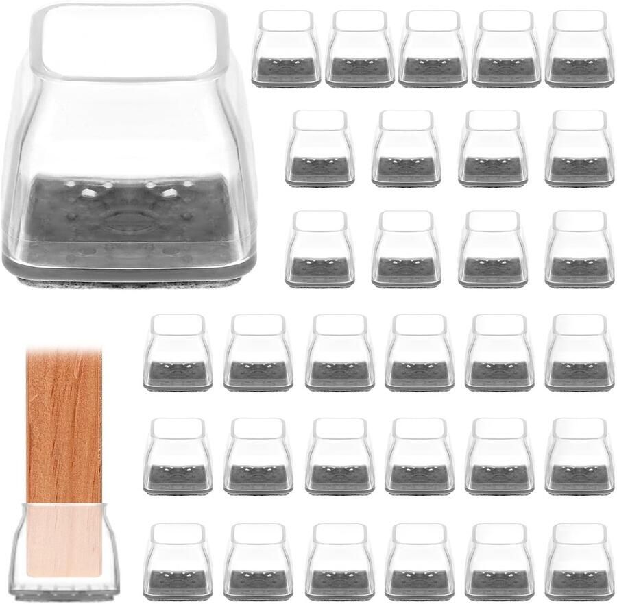 Set van 32 vierkante stoelpootdoppen 31-40 mm viltglijders transparante siliconen beschermers voor meubelpoten