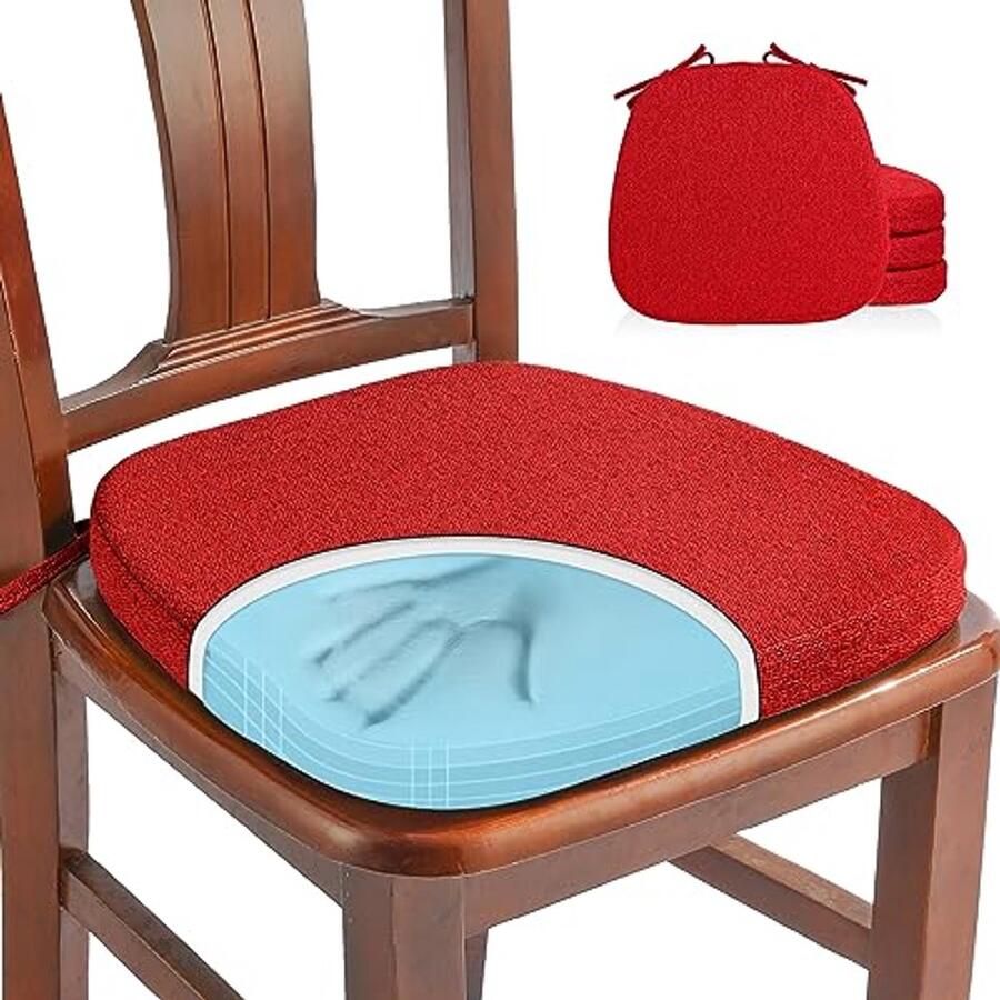 Set van 4 100% Pure Geheugenfoam Stoelkussens voor Eetkamerstoelen Comfortabele U-vormige Kussens Afneembare Antislip Zitkussens (Rood)