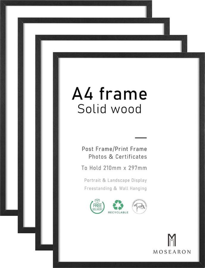 Set van 4 A4 Fotolijsten Hout Geschikt voor aan de muur of op tafel Zwart 21 x 30 cm
