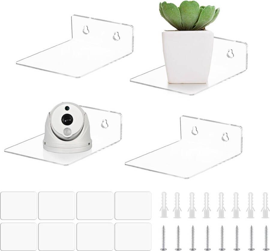 Set van 4 acryl wandplanken 10 cm mini-planken transparante wandplank badkamer klein wandrek slaapkamer met 8 stickers 8 schroeven zonder boren onzichtbare planken voor kantoor