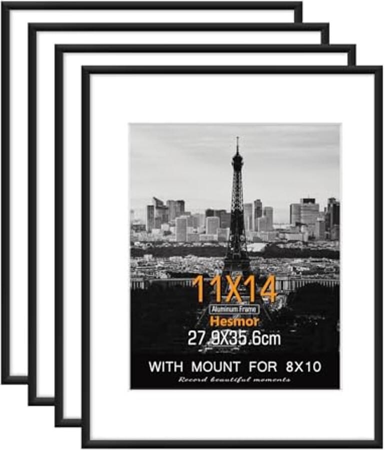 Set van 4 Aluminium Fotolijsten 11 x 14 inch in Zwart voor Tafel en Wandmontage