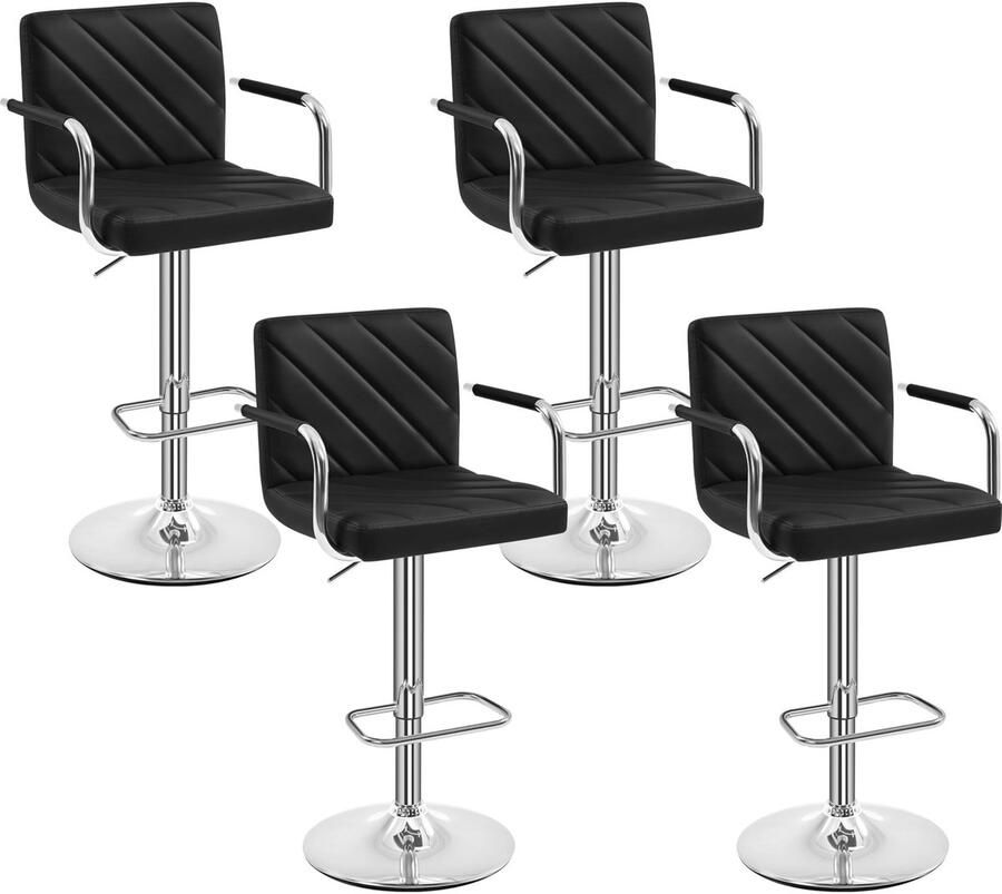 Set van 4 barkrukken barstoel in hoogte verstelbaar kunstleer gevoerde barkruk 360 graden draaistoel keukenstoel met armleuningen rugleuning en voetensteun zwart