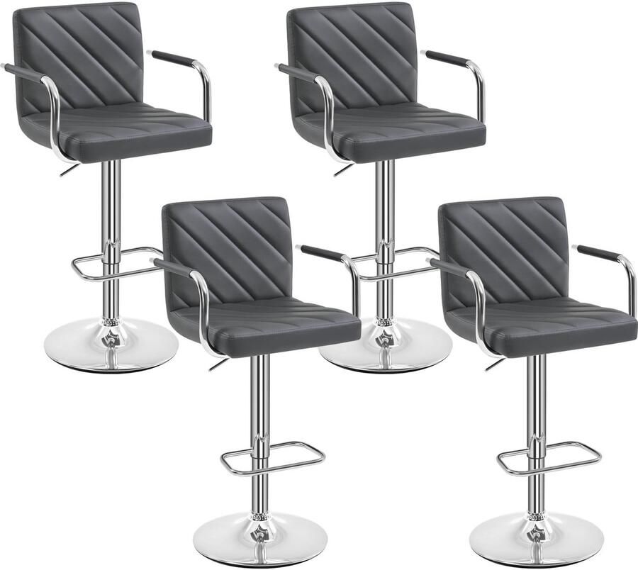 Set van 4 barkrukken barstoel in hoogte verstelbaar kunstleer gevoerde barkruk 360 graden draaistoel keukenstoel met armleuningen rugleuning en voetensteun grijs
