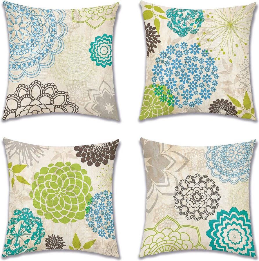 Set van 4 blauwe en groene dahlie kussenslopen sierkussens kussenhoes voor bank auto slaapkamer 45 x 45 cm