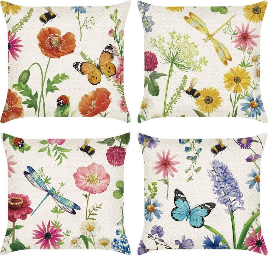 Set van 4 bloemenkussens van 45 x 45 cm polyesterlinnen wilde bloemen sierkussens voor de zomer voor de bank slaapkamer auto slaapkamerdecoratie