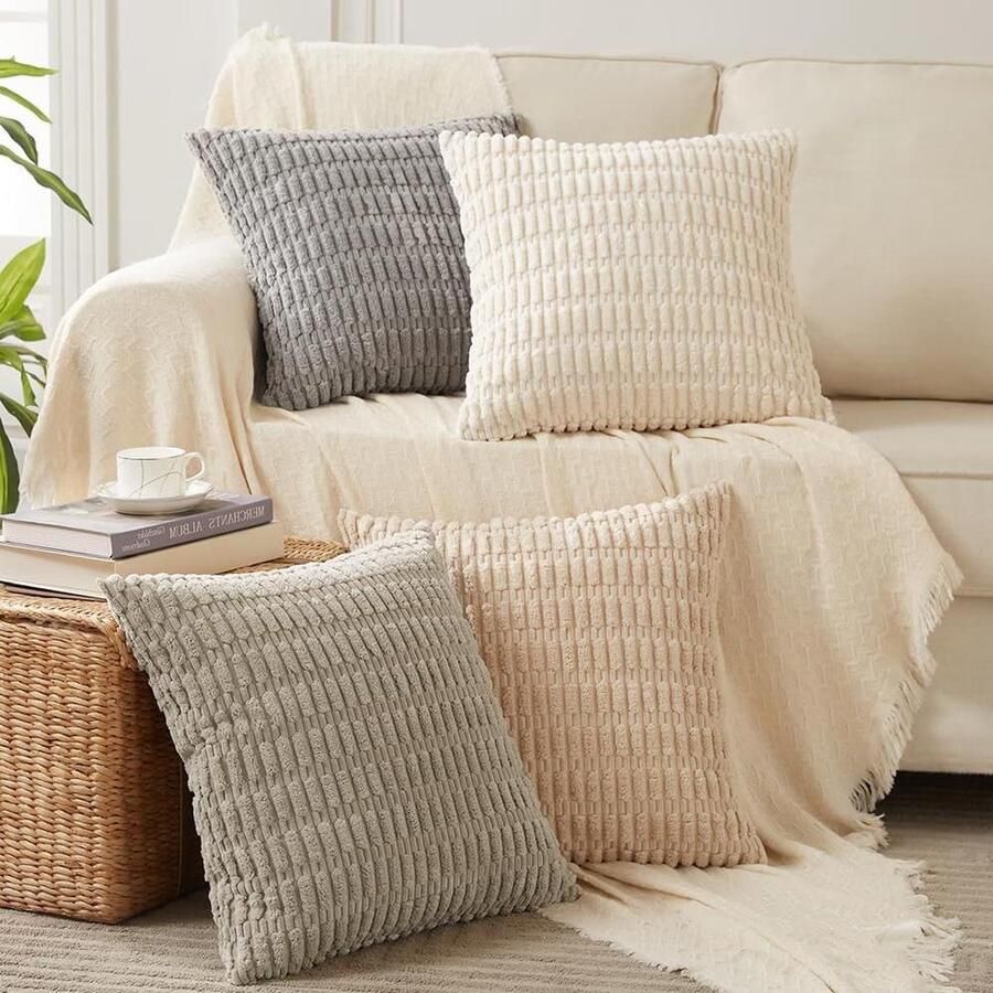 Set van 4 boho-kussenslopen 40 x 40 cm neutraal pluizig corduroy kussenovertrek decoratieve kussensloop bankkussen sierkussen decoratie voor bank slaapkamer woonkamer grijs taupe binnenkussen 40x40
