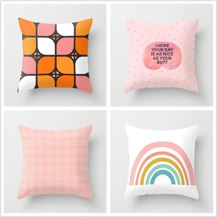 Set van 4 Buiten Kussenslopen Fluwelen Vierkante Kussenslopen 55x55 cm Decoratief voor Tuin en Bank Dubbelzijdig Patroon Roze Geruit