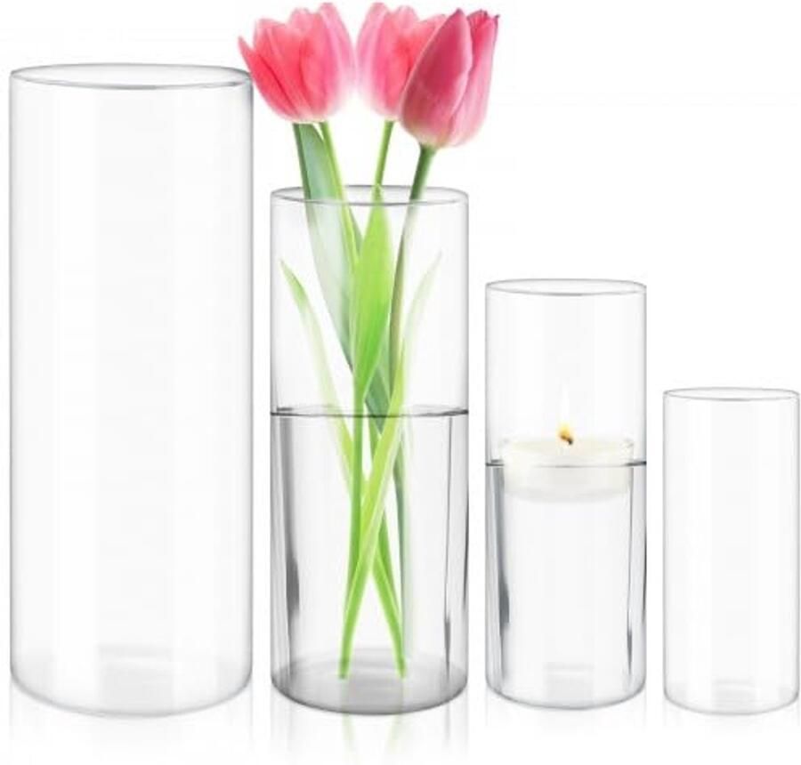 Set van 4 cilindervormige kaarsenhouders van helder glas transparante vaas voor pilaarkaarsen glazen kaarsenhouder moderne bloemenvaas voor bruiloften feesten eettafels en woonkamerdecoraties