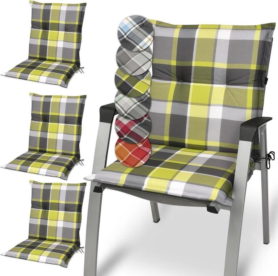 Set van 4 comfortabele tuinkussens met lage rugleuning voor tuinstoelen 100 x 50 cm UV-lichtecht in groen geruit design