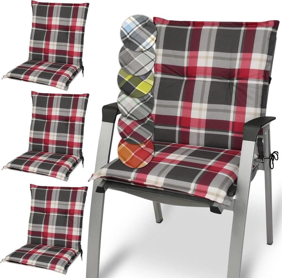 Set van 4 comfortabele tuinkussens met lage rugleuning voor tuinstoelen 100 x 50 cm UV-lichtecht en rood grijs geruit