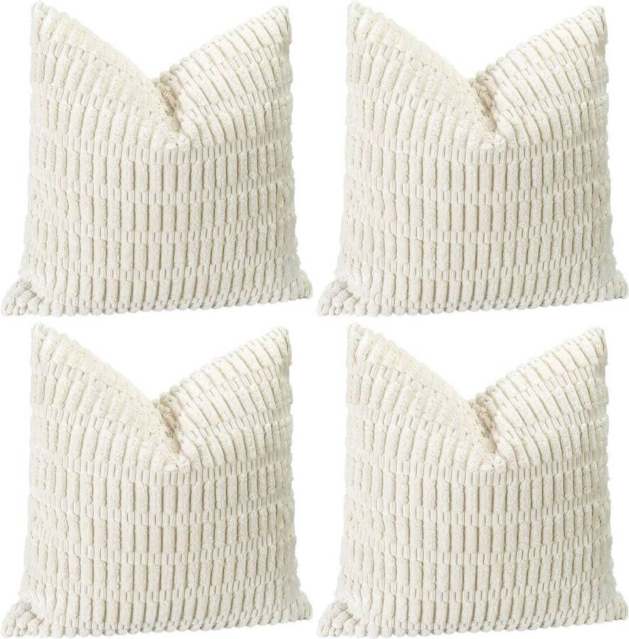 Set van 4 corduroy kussenhoezen decoratieve sierkussenhoezen zachte kussensloop bankkussen decoratieve overtrek kussenhoes voor bank slaapkamer woonkamer 45 x 45 cm crèmewit